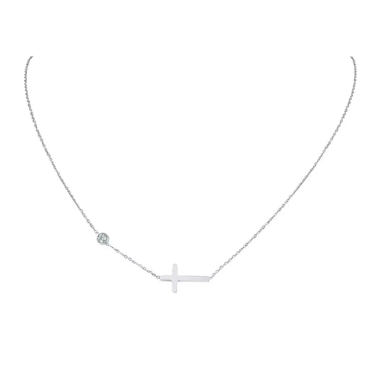 Stainless Steel Sideways Cross Necklace for Women, Adjustable CZ Chain Necklace Pendant