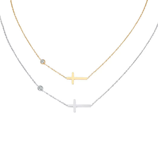 Stainless Steel Sideways Cross Necklace for Women, Adjustable CZ Chain Necklace Pendant