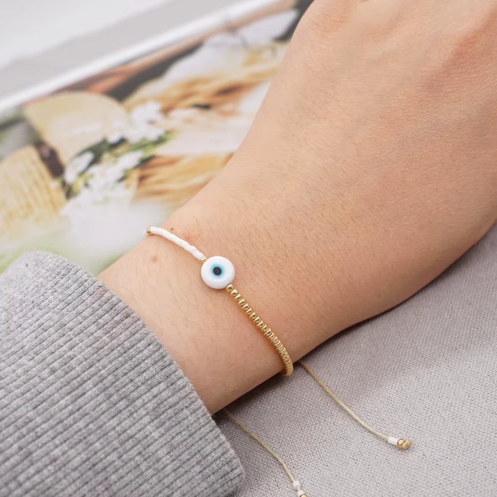 Eye Bracelet Miyuki Dainty Tiny Beaded Simple Bracelets for Women Fashion Jewelry Gold White Color Adjustable Rope